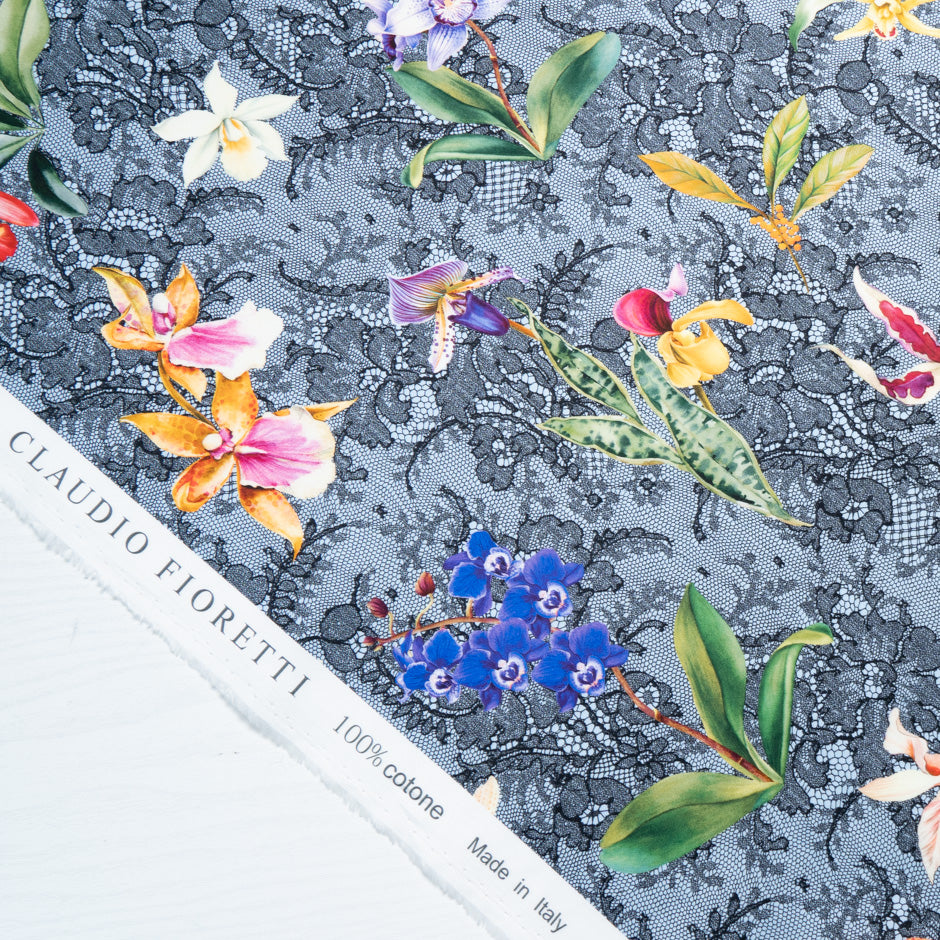 Orchid Floral & Lace Printed Blue Pure Cotton