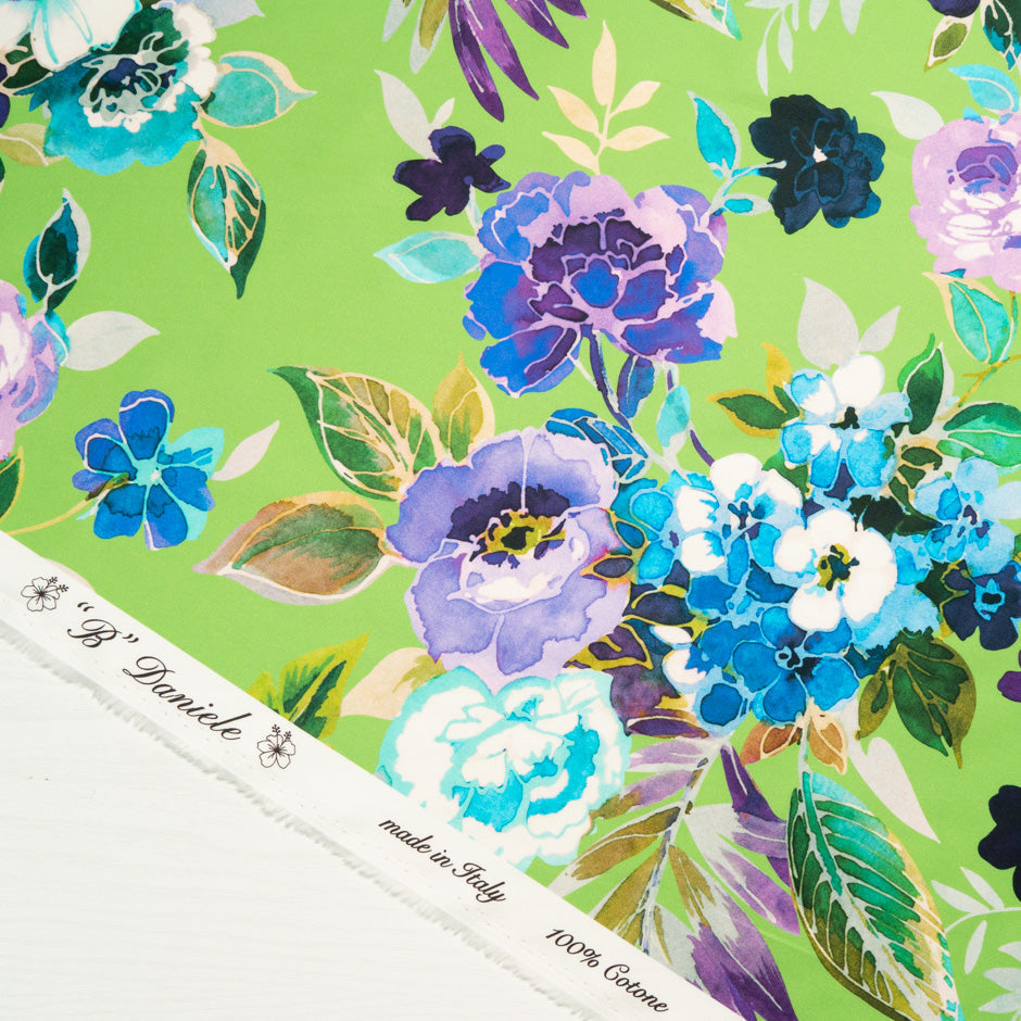 Watercolour Floral Printed Green Luxury Cotton