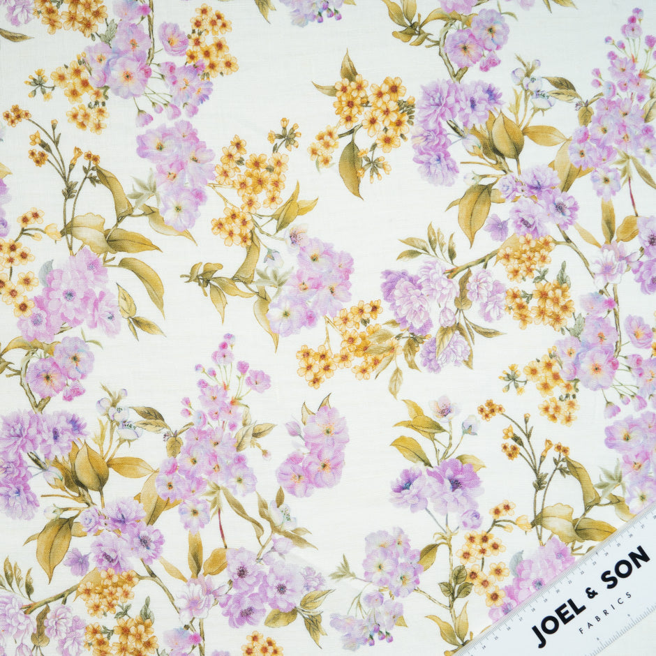 Purple Floral Printed Ivory Handkerchief Pure Linen