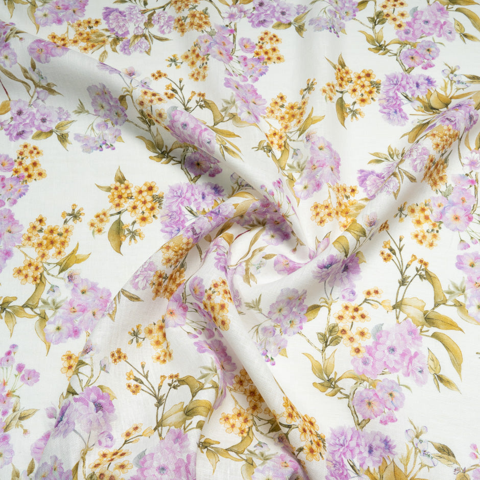 Purple Floral Printed Ivory Handkerchief Pure Linen