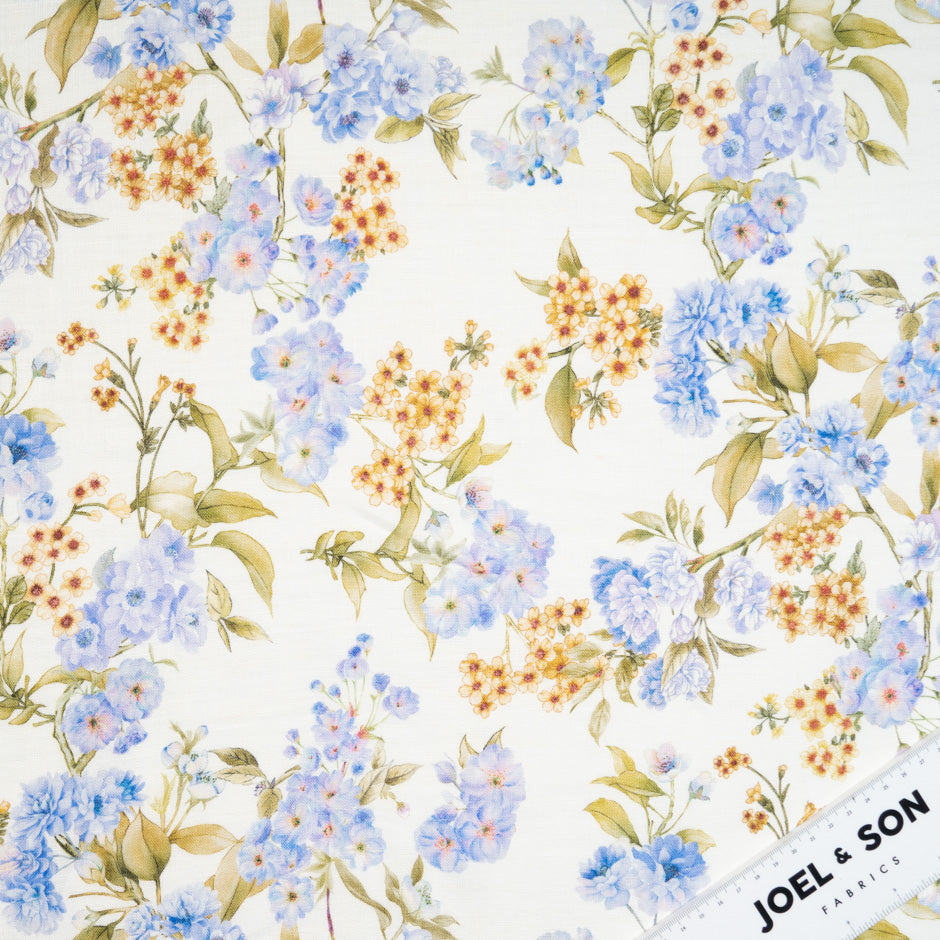 Blue Floral Printed Ivory Handkerchief Pure Linen