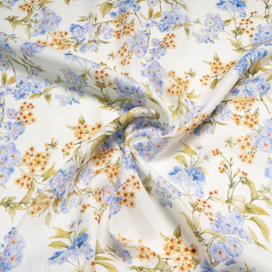 Blue Floral Printed Ivory Handkerchief Pure Linen
