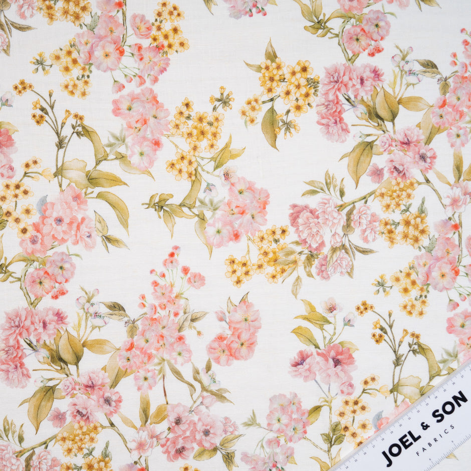 Pink Floral Printed Ivory Handkerchief Pure Linen