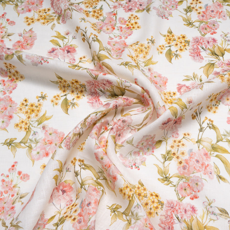 Pink Floral Printed Ivory Handkerchief Pure Linen