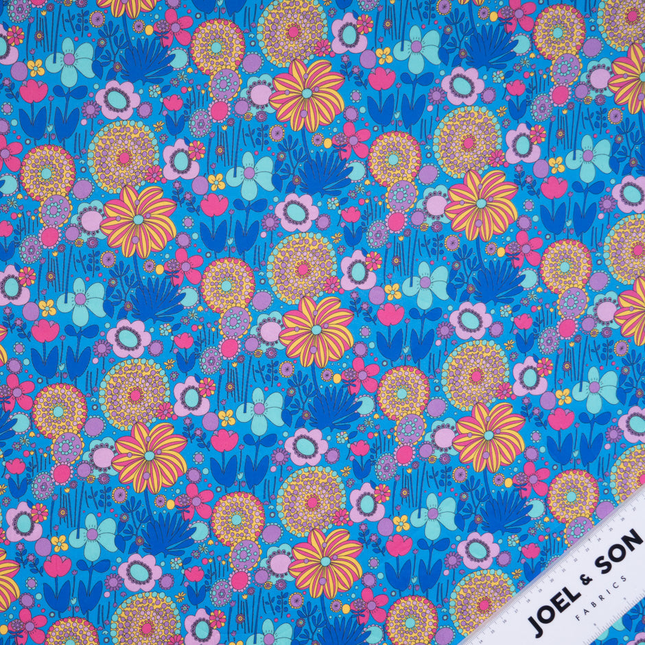 Retro Floral Printed Blue Pure Cotton