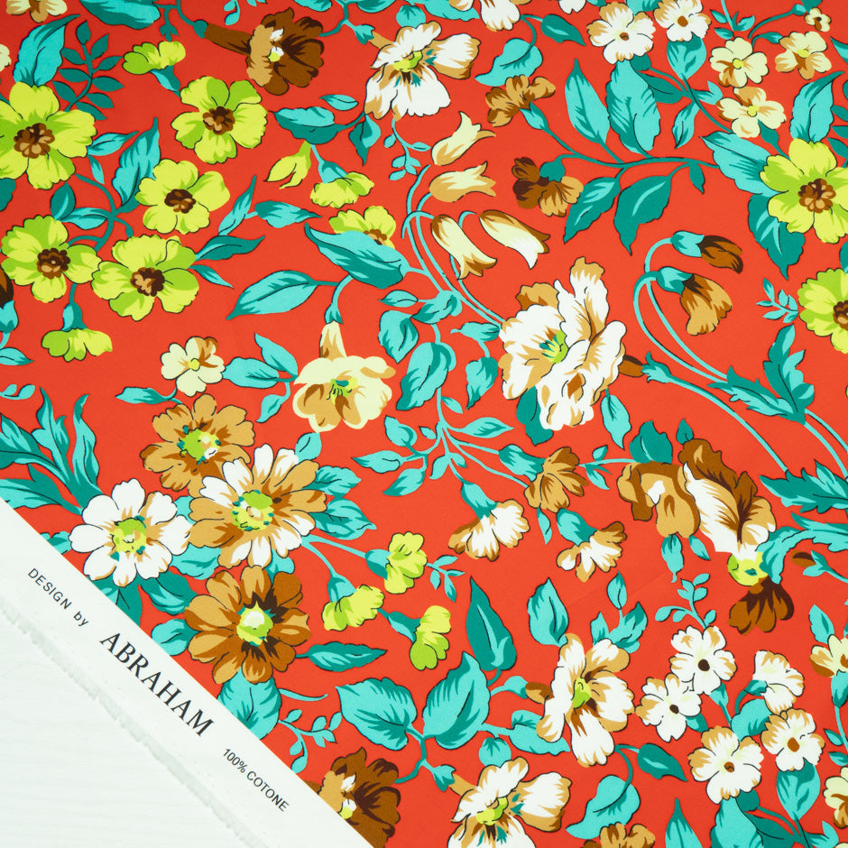Green Floral Printed Red Luxury Cotton