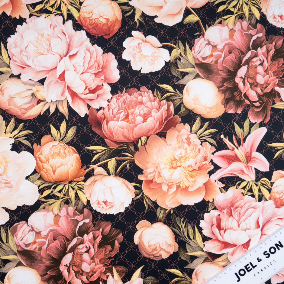 Peony Floral Printed Black Luxury Cotton