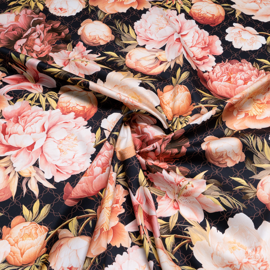 Peony Floral Printed Black Luxury Cotton