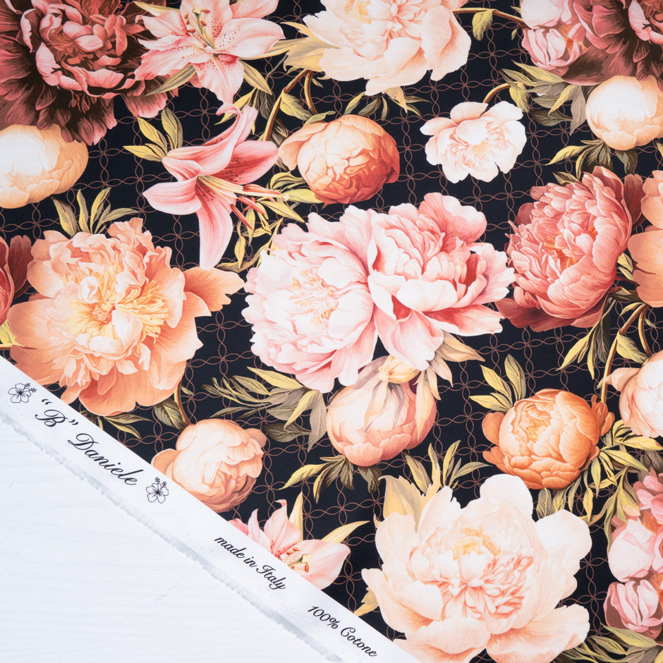 Peony Floral Printed Black Luxury Cotton