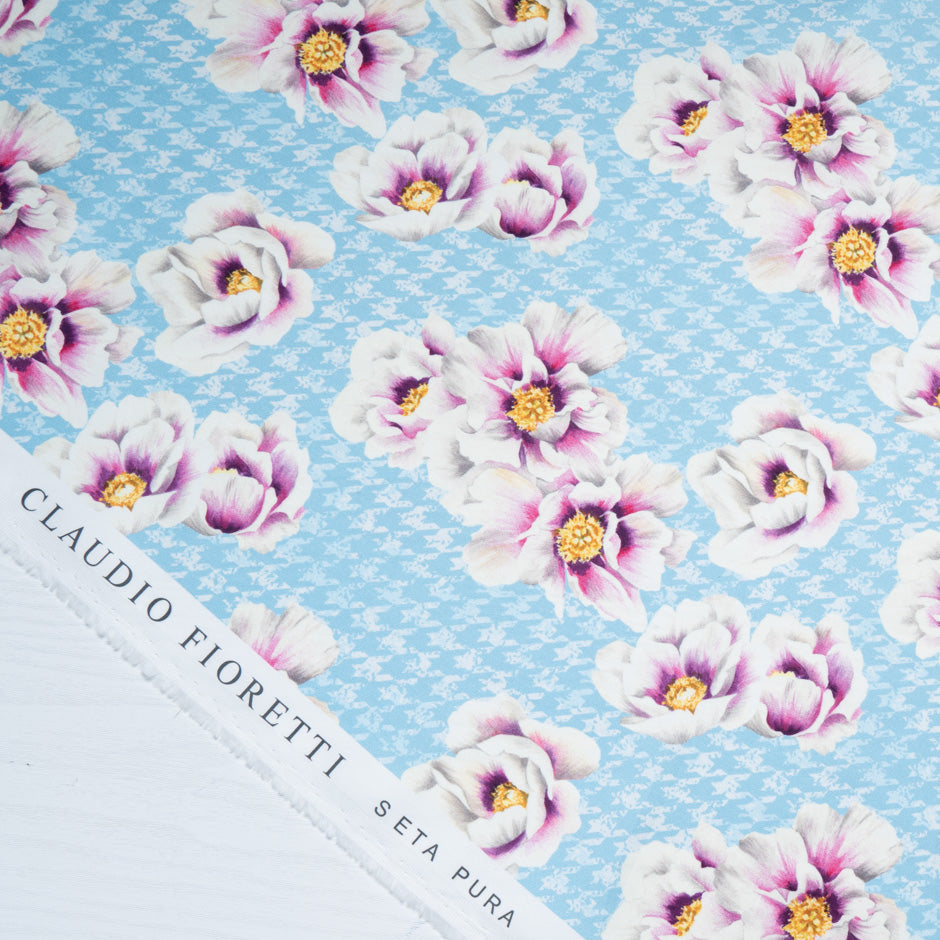 Floral Printed Baby Blue Dogtooth Cotton