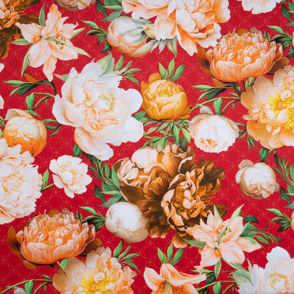 Peony Floral Printed Red Luxury Cotton