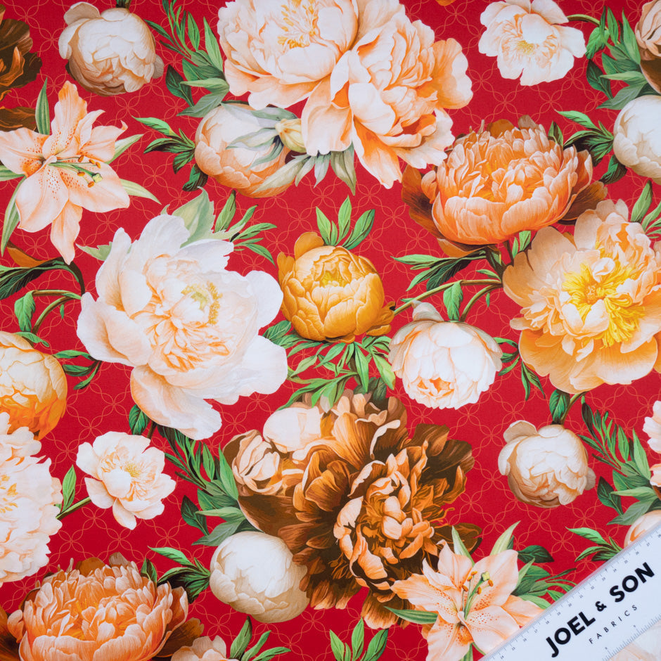 Peony Floral Printed Red Luxury Cotton