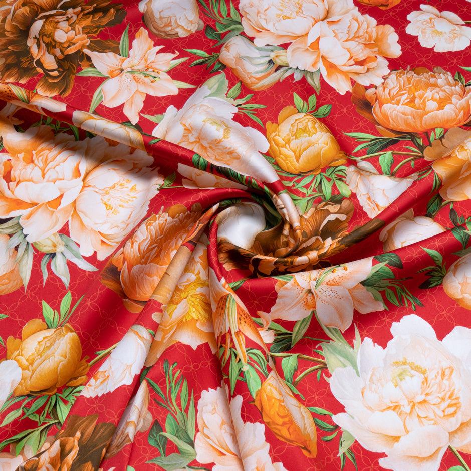 Peony Floral Printed Red Luxury Cotton