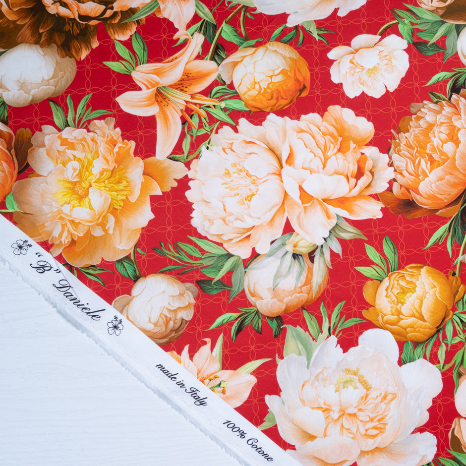 Peony Floral Printed Red Luxury Cotton