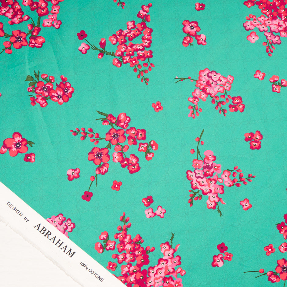 Pink Floral Printed Deep Mint Luxury Cotton