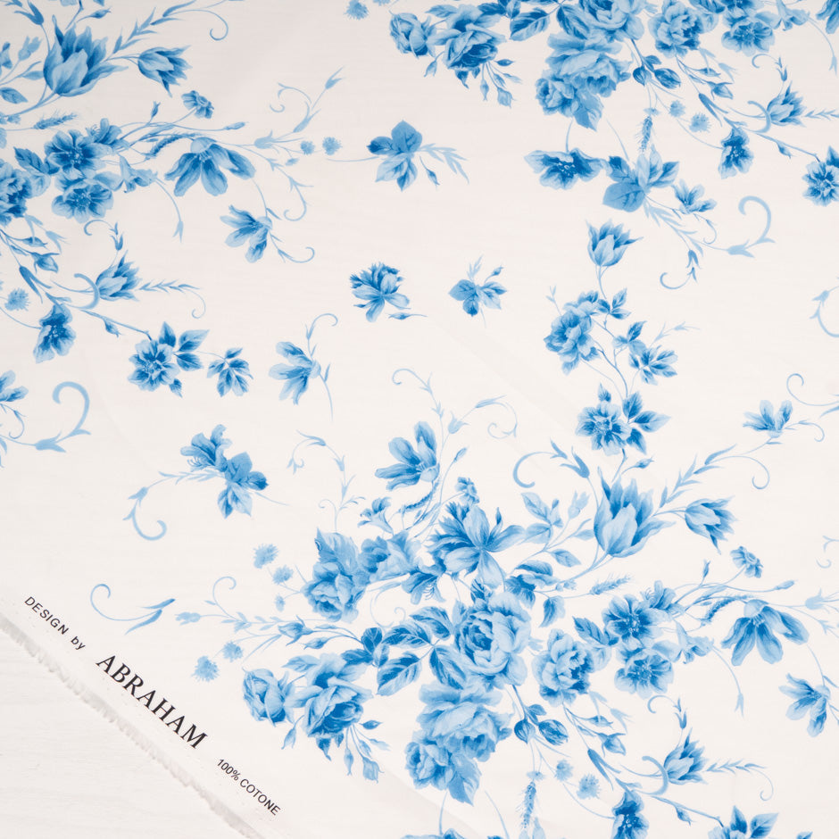 Blue Floral Printed White Luxury Cotton