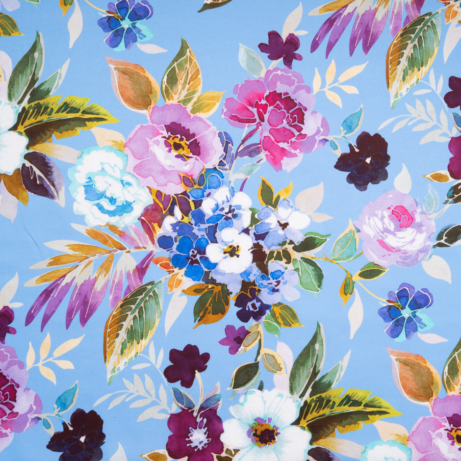 Watercolour Floral Printed Blue Luxury Cotton