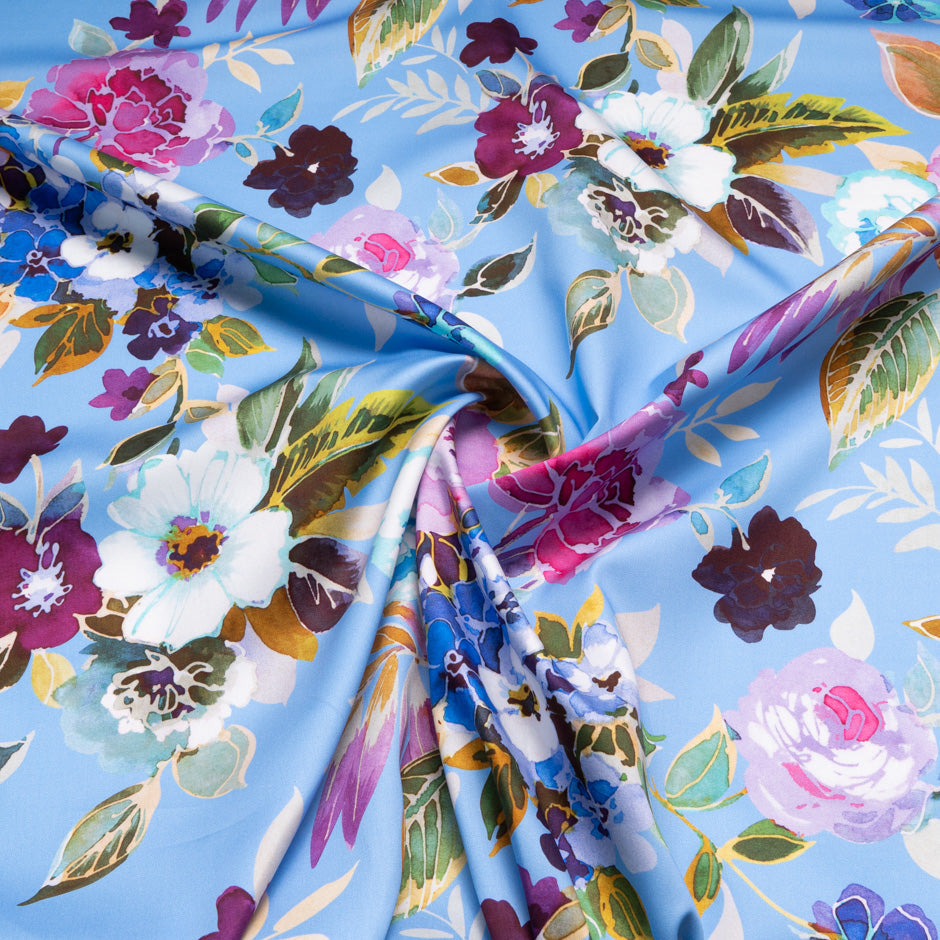 Watercolour Floral Printed Blue Luxury Cotton