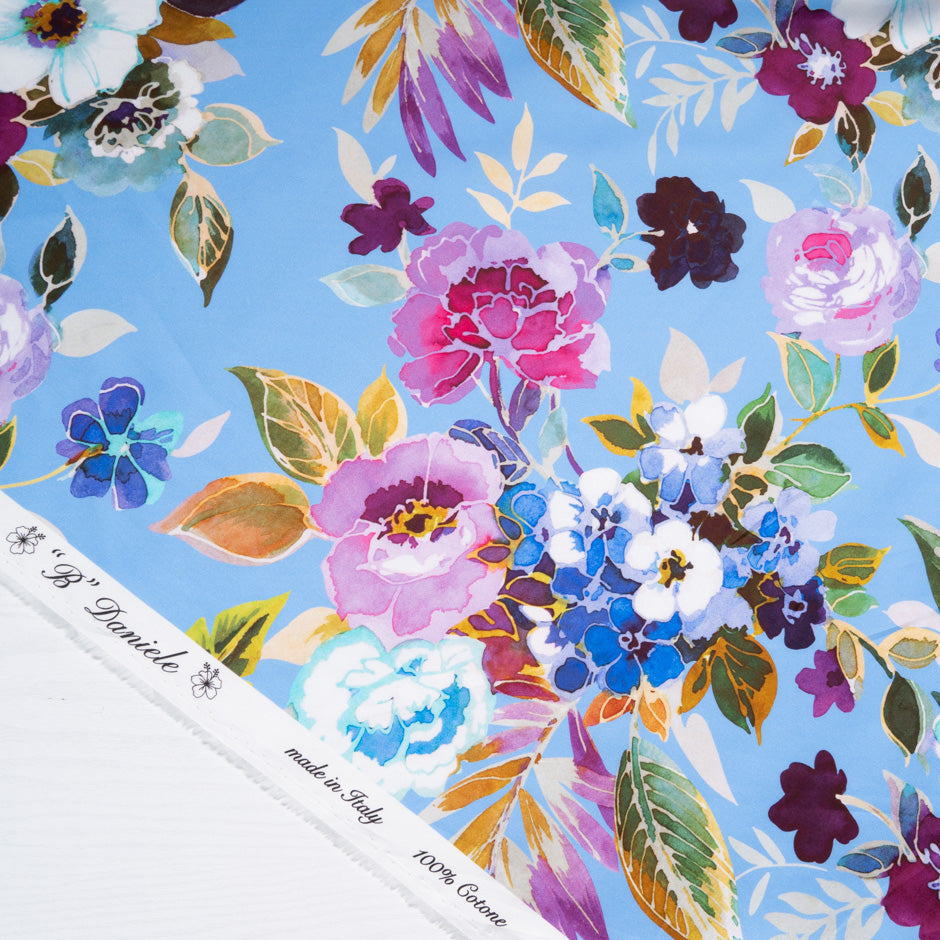 Watercolour Floral Printed Blue Luxury Cotton