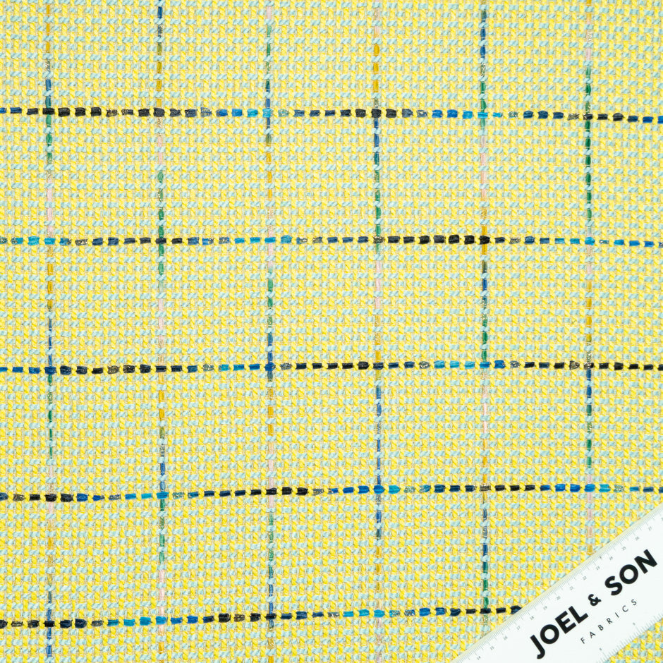 Sky Blue & Yellow Checkered Mixed Fibre Bouclé