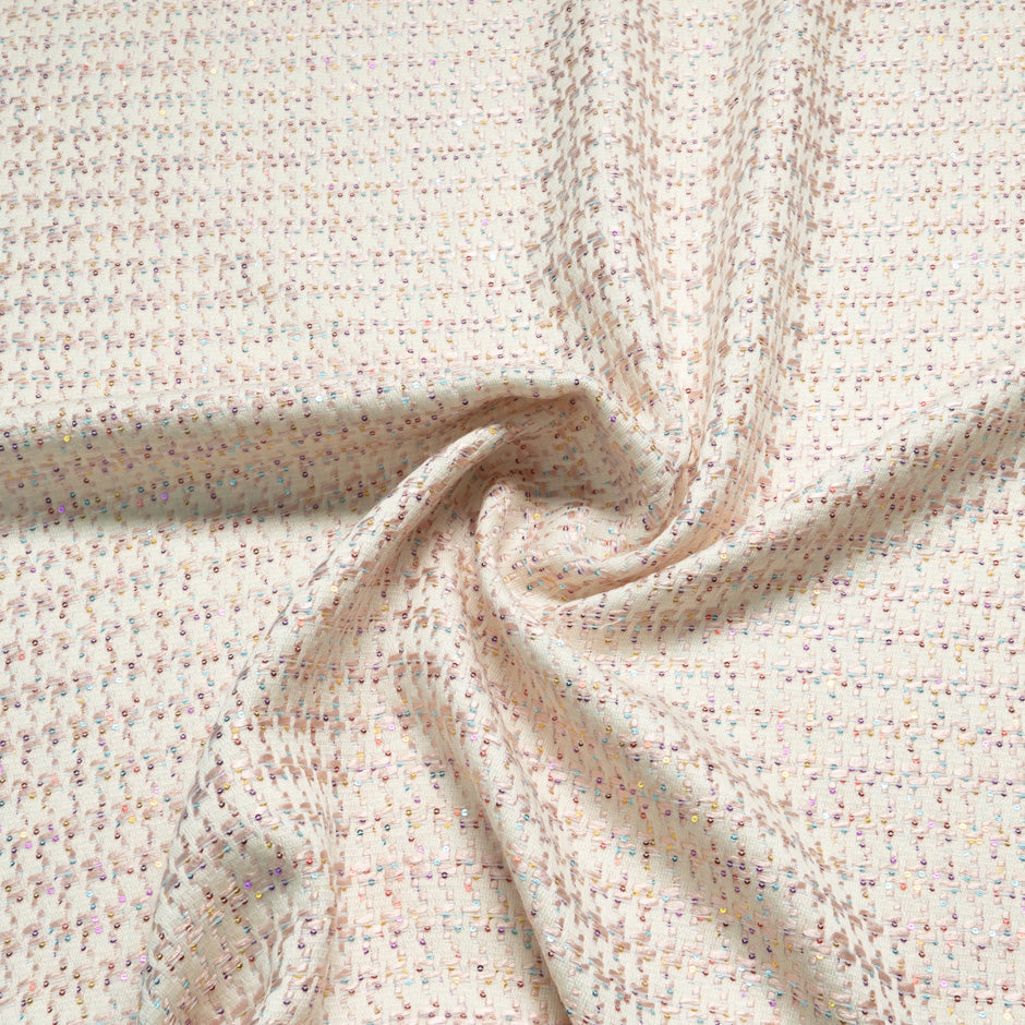 Sequinned Cream & Pink Wool Blend Bouclé