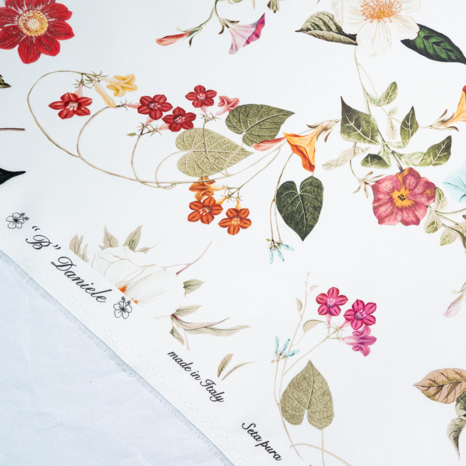 Pink Floral Printed Ivory Double Silk Organza