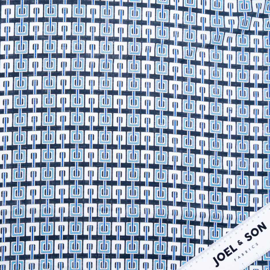 Blue & Black Geometric Printed Linen