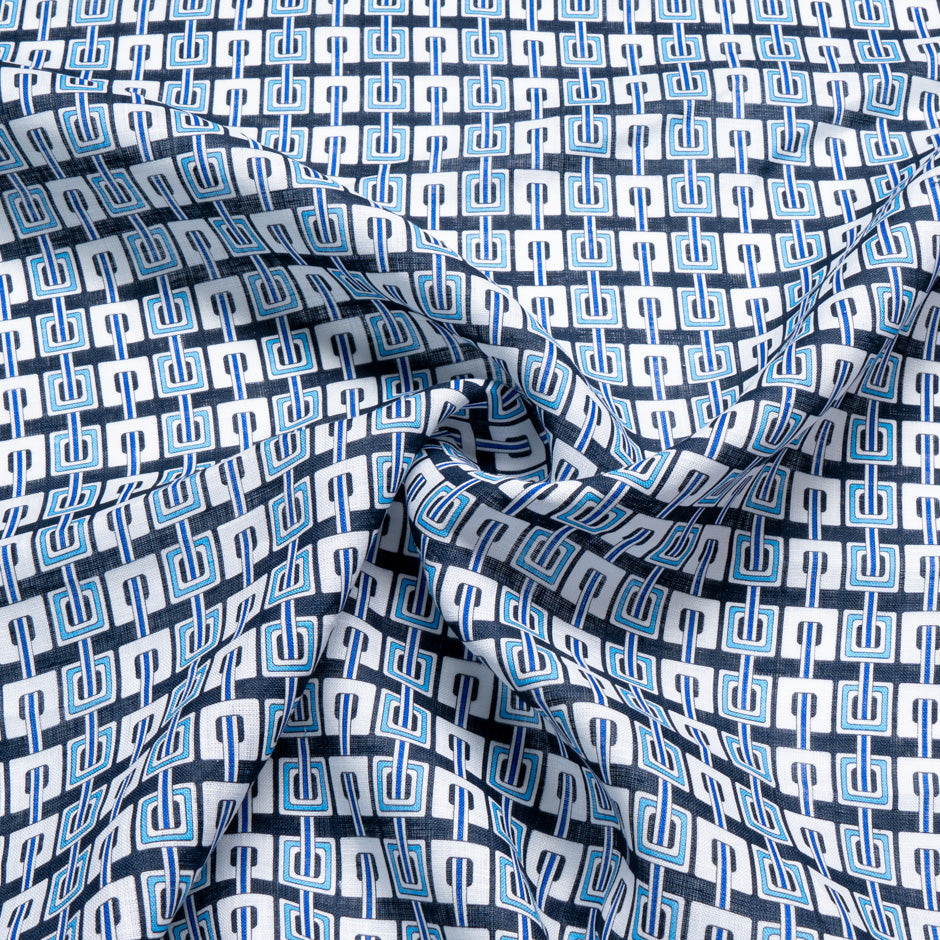 Blue & Black Geometric Printed Linen