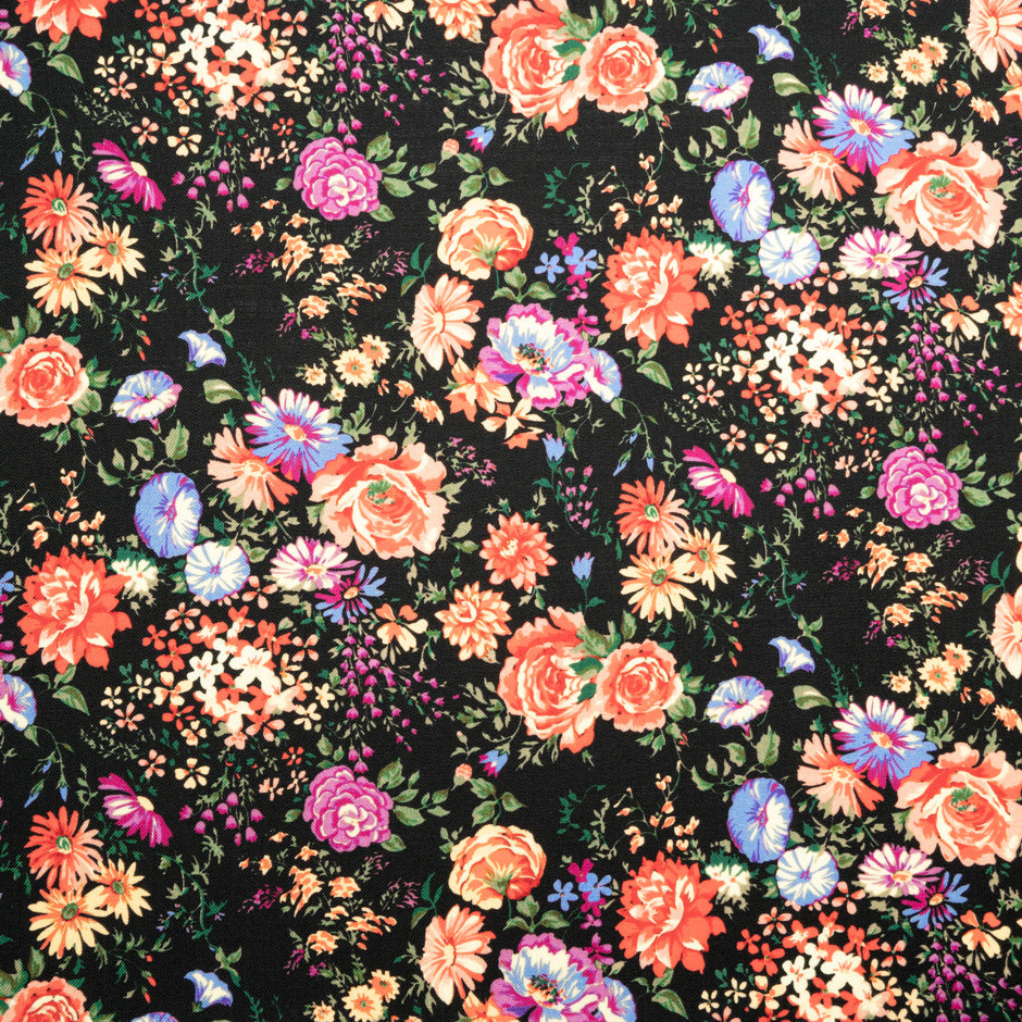 Multi-Coloured Floral Printed Black Wool Challis