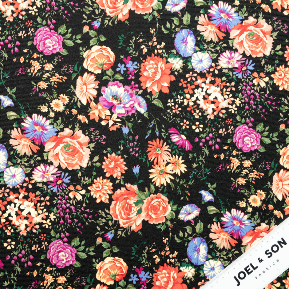 Multi-Coloured Floral Printed Black Wool Challis
