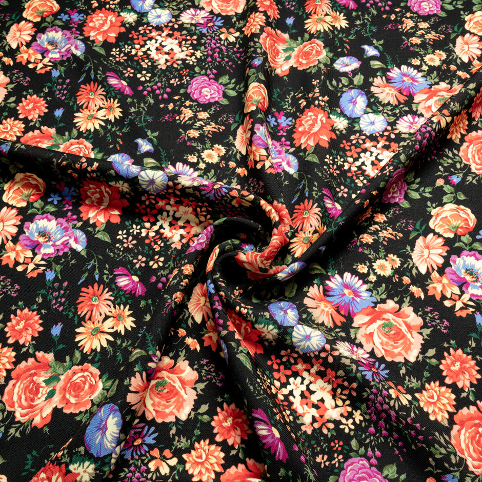 Multi-Coloured Floral Printed Black Wool Challis