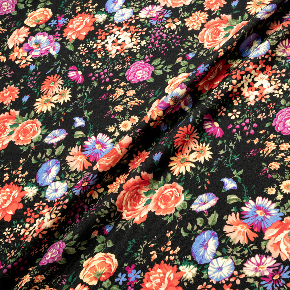 Multi-Coloured Floral Printed Black Wool Challis
