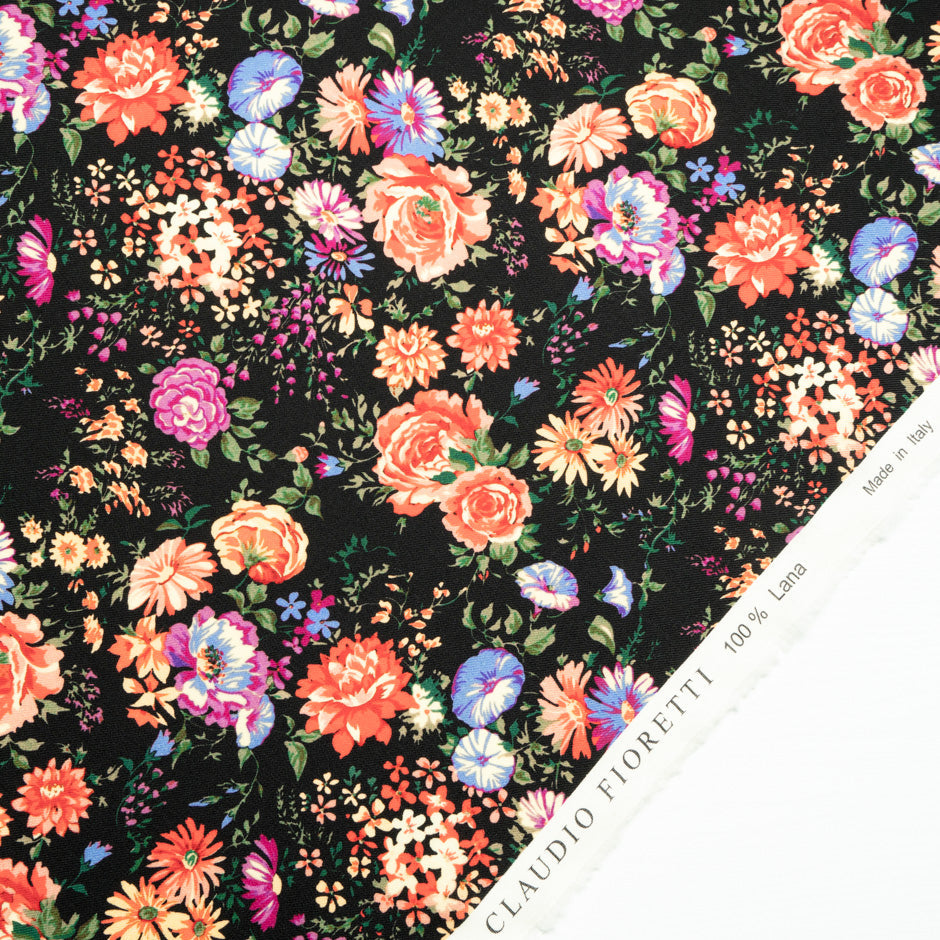 Multi-Coloured Floral Printed Black Wool Challis