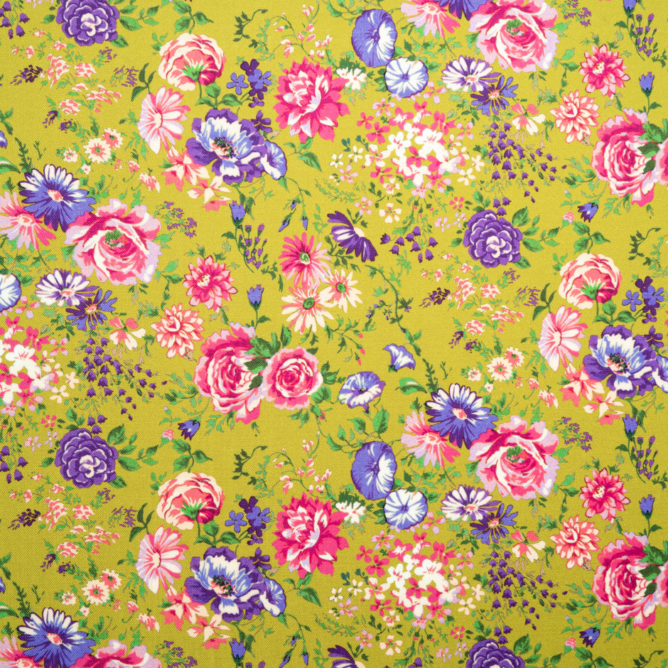 Multi-Coloured Floral Printed Green Wool Challis