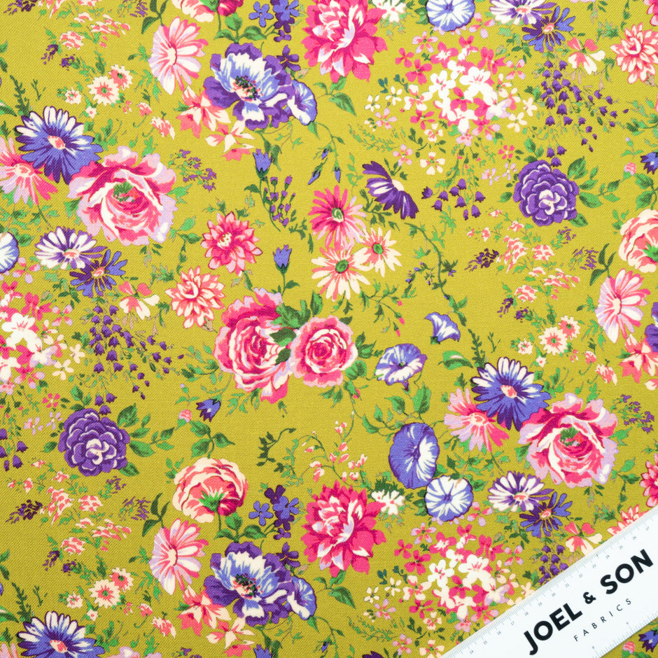 Multi-Coloured Floral Printed Green Wool Challis