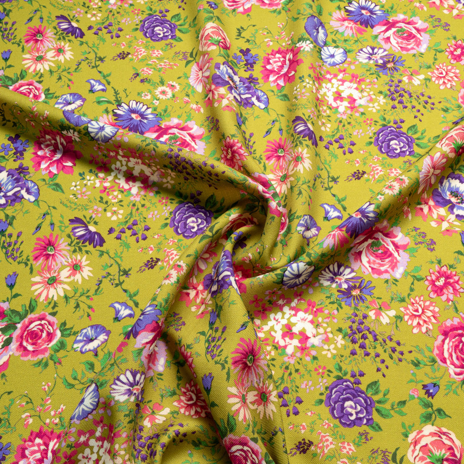 Multi-Coloured Floral Printed Green Wool Challis