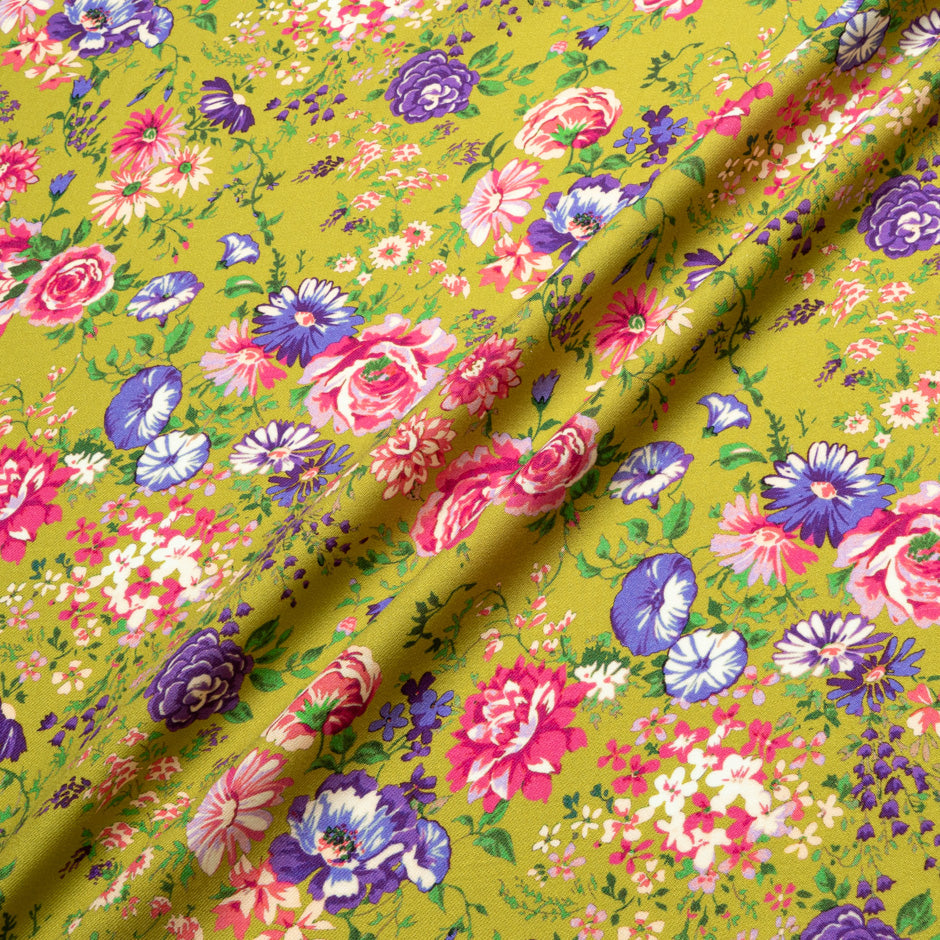 Multi-Coloured Floral Printed Green Wool Challis