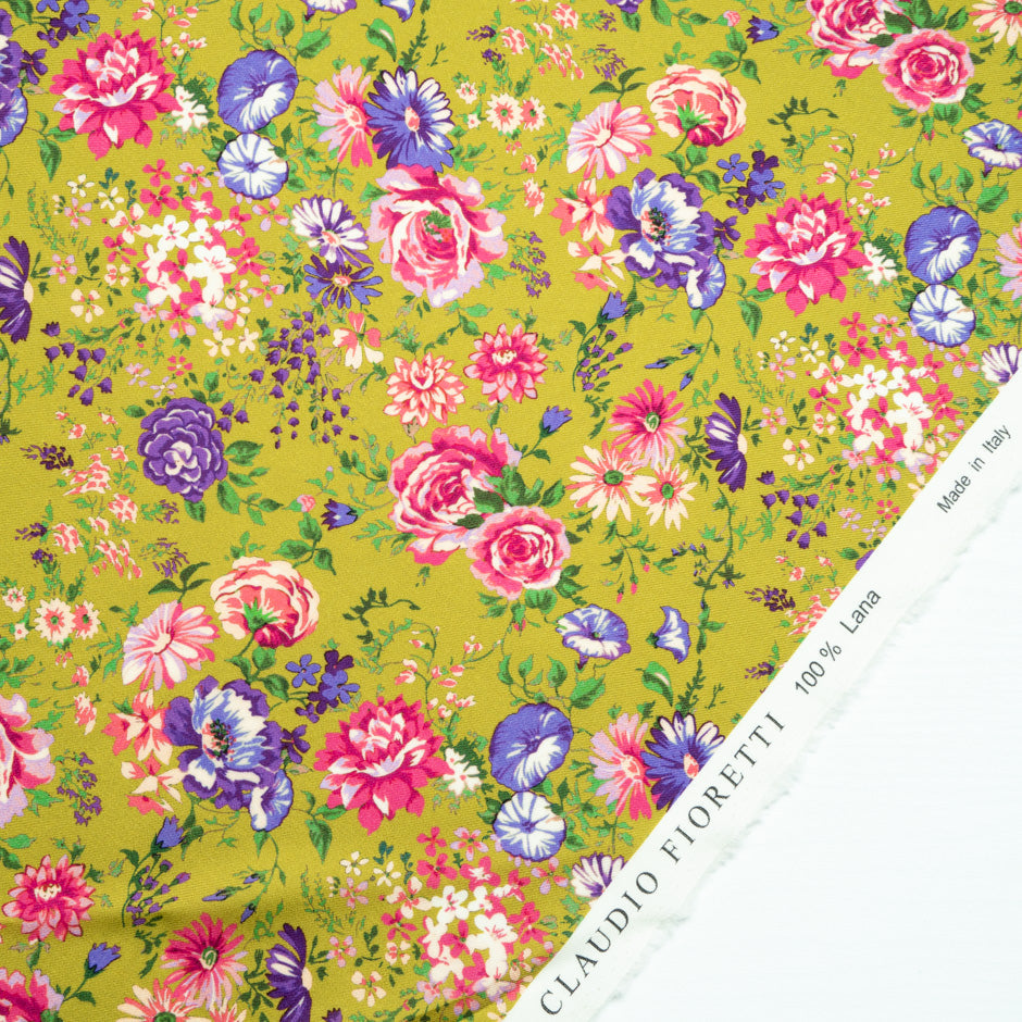 Multi-Coloured Floral Printed Green Wool Challis