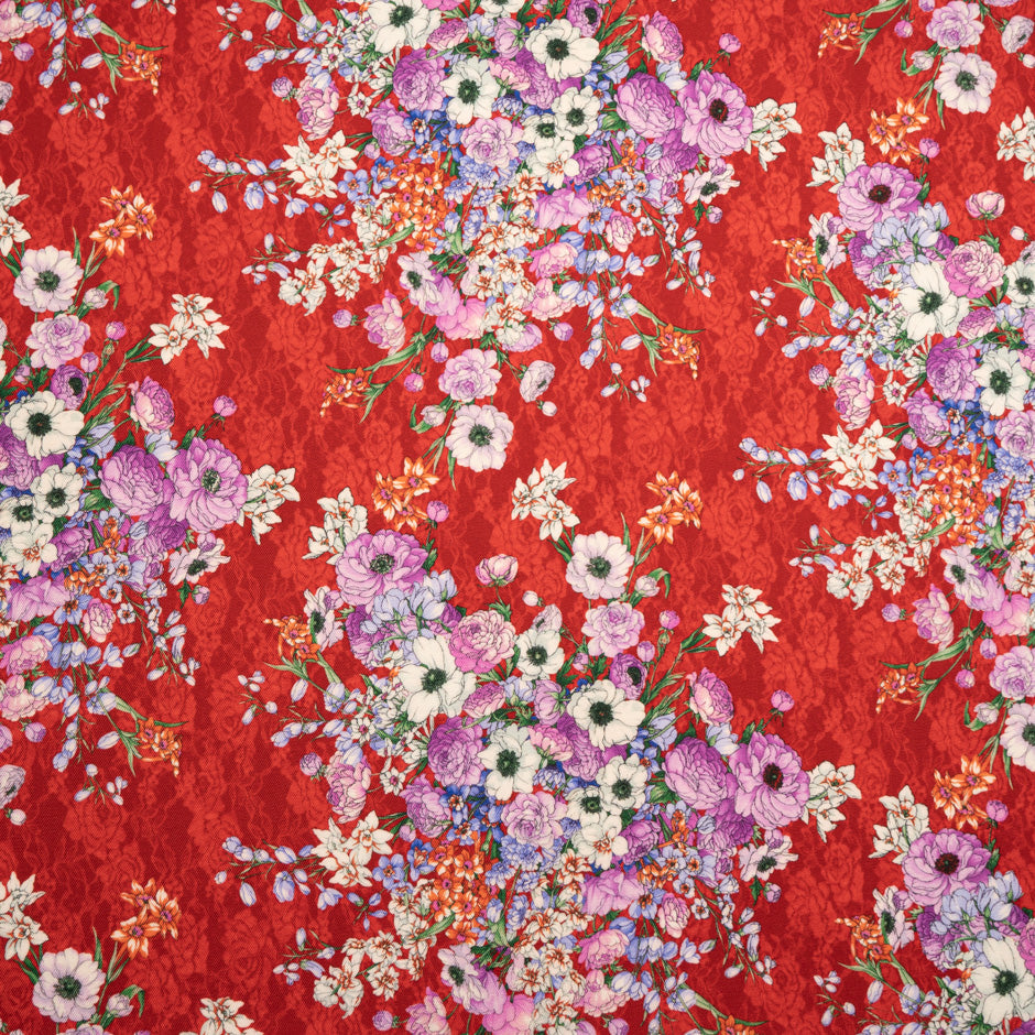 Magenta Floral Printed Rich Red Challis Wool