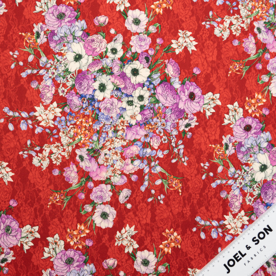 Magenta Floral Printed Rich Red Challis Wool
