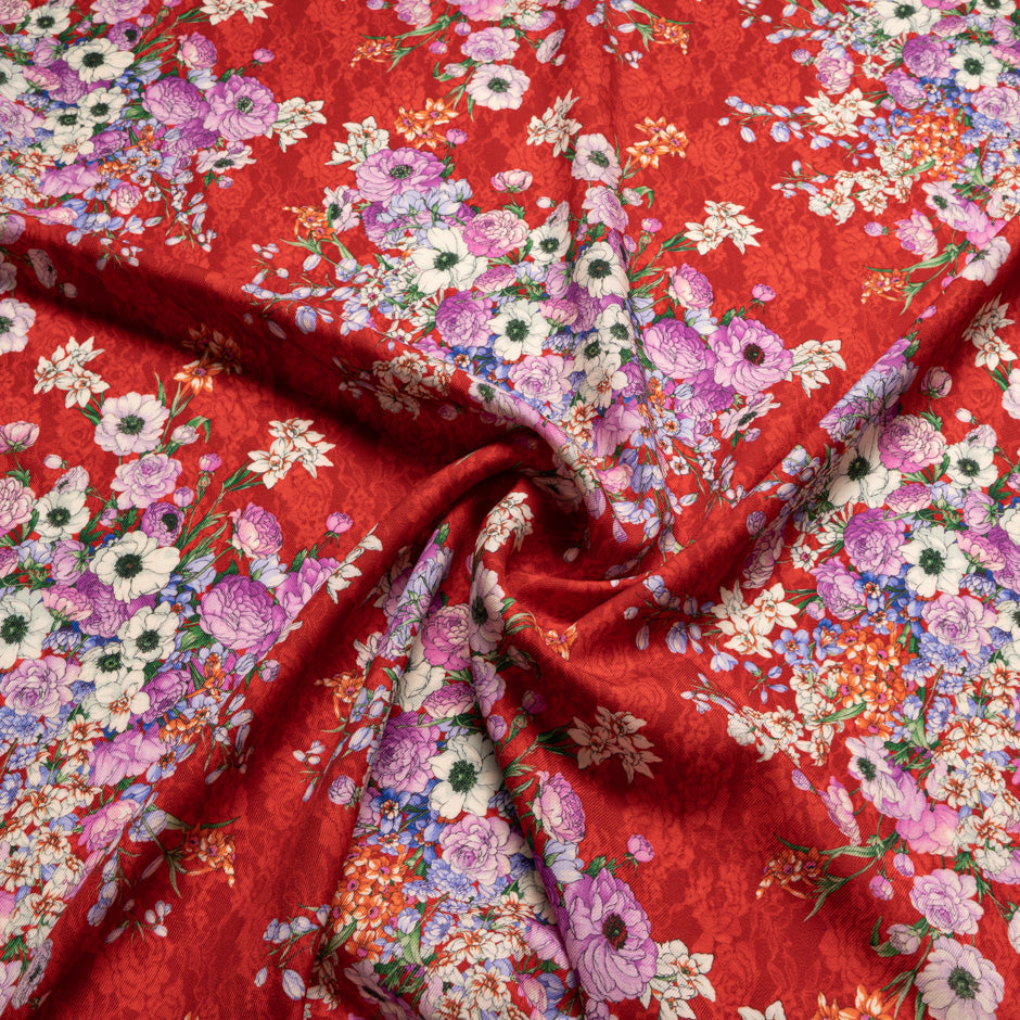 Magenta Floral Printed Rich Red Challis Wool