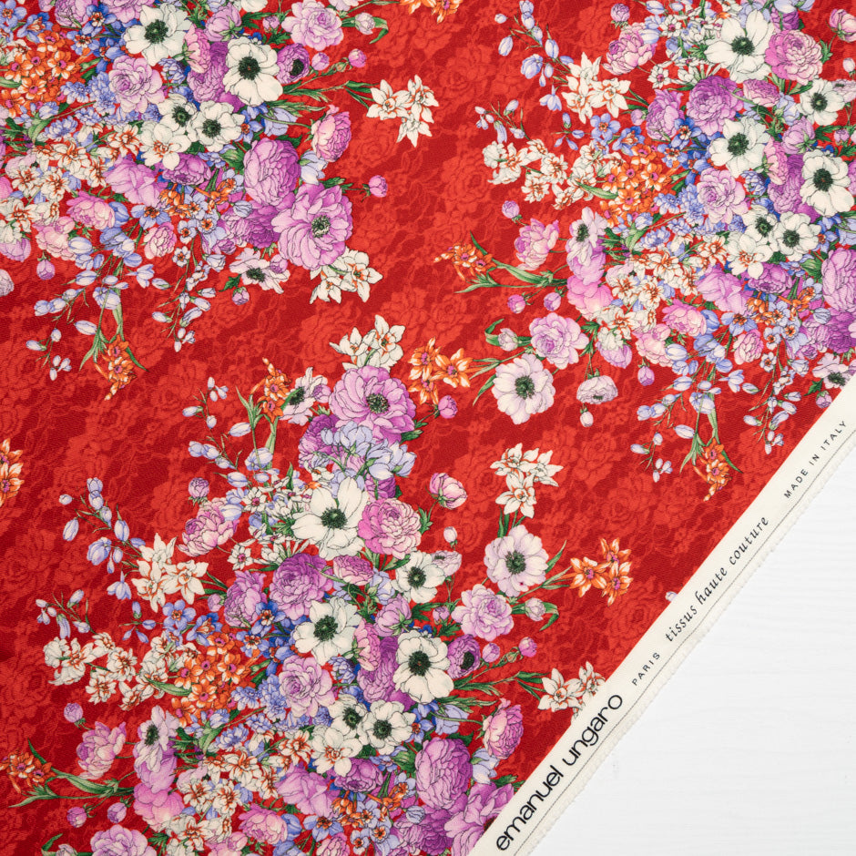 Magenta Floral Printed Rich Red Challis Wool
