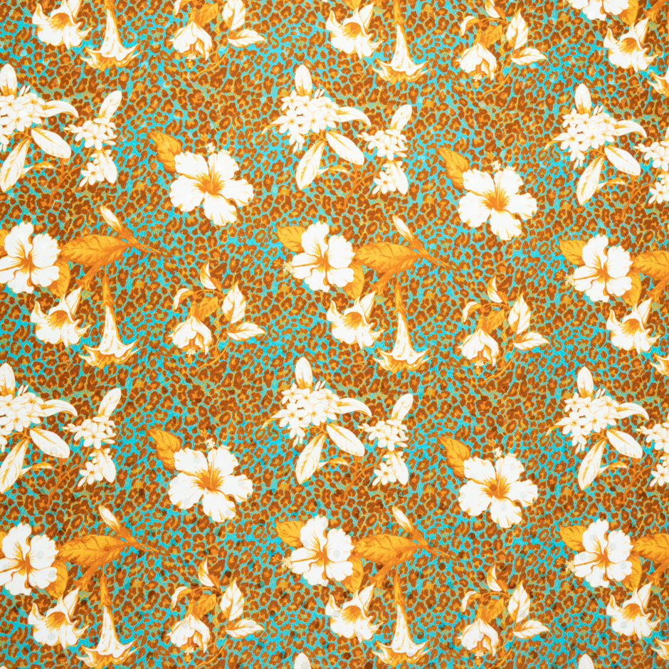 Floral & Leopard Printed Turquoise Silk Satin Charmeuse