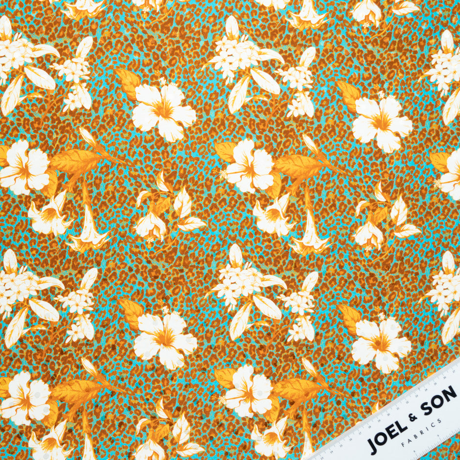 Floral & Leopard Printed Turquoise Silk Satin Charmeuse