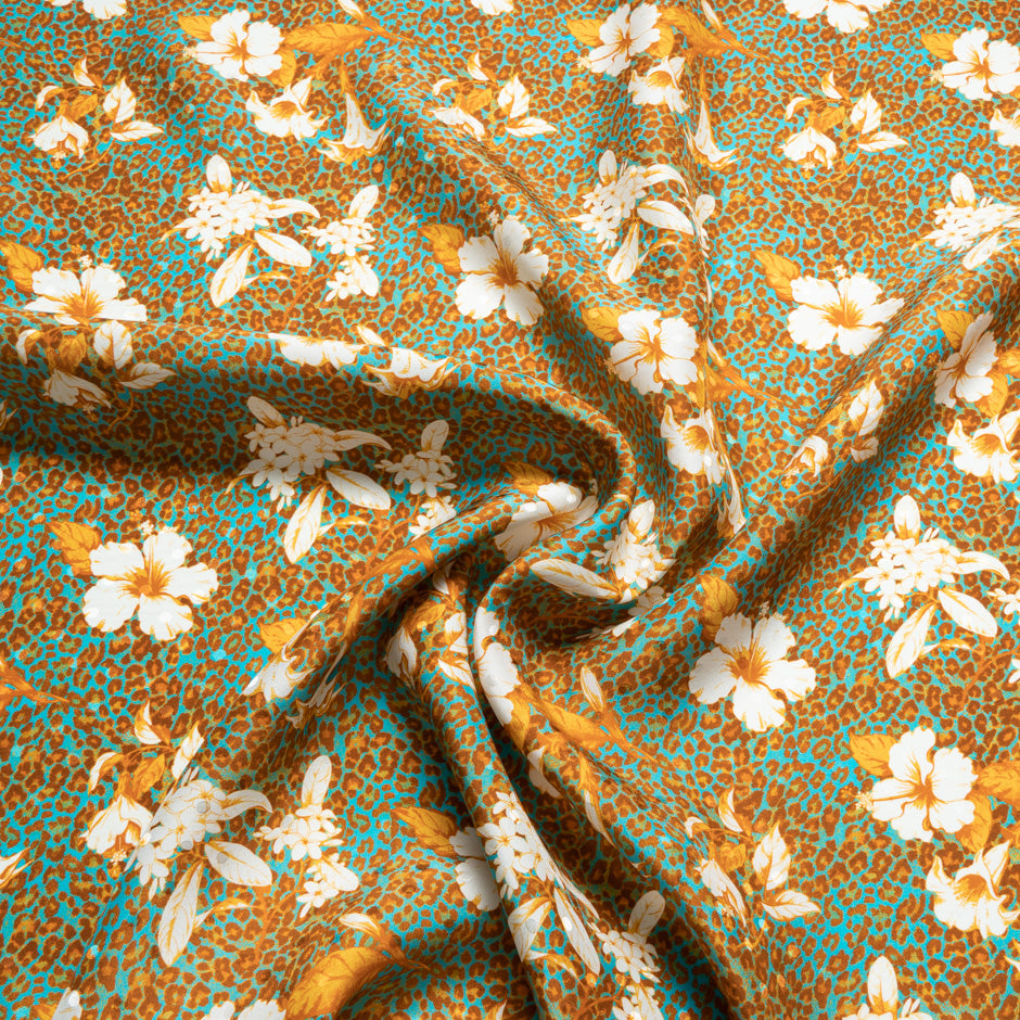 Floral & Leopard Printed Turquoise Silk Satin Charmeuse