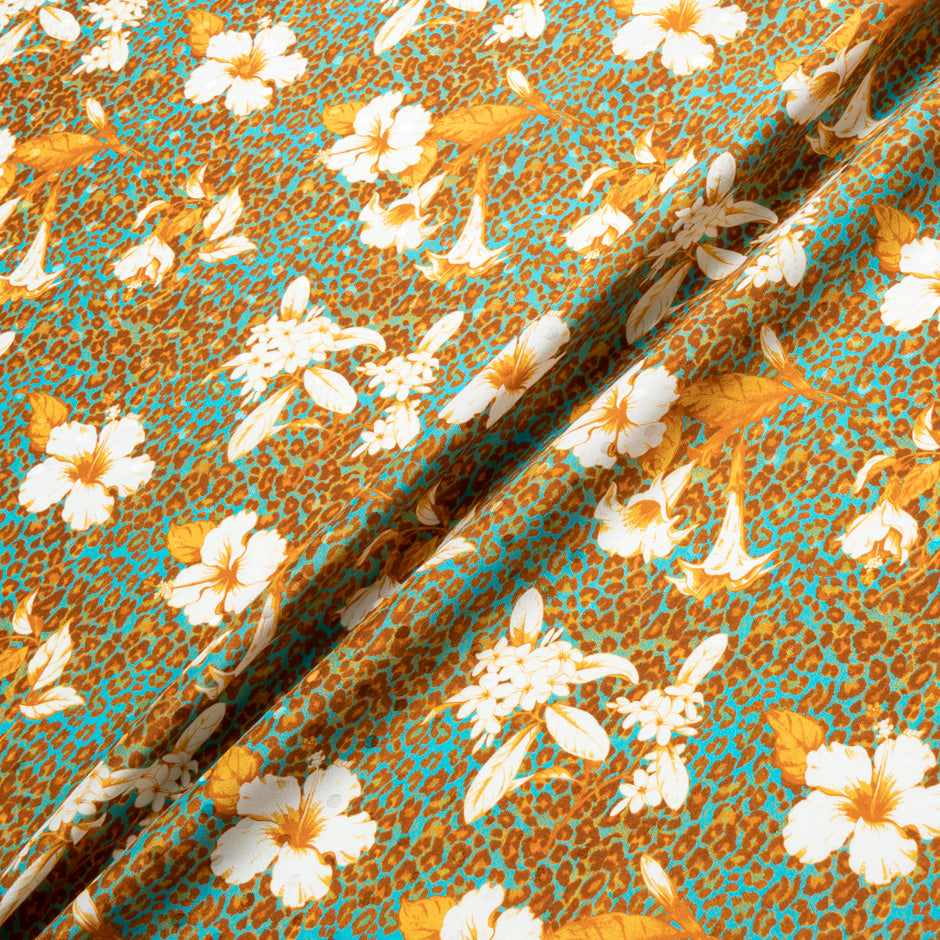 Floral & Leopard Printed Turquoise Silk Satin Charmeuse