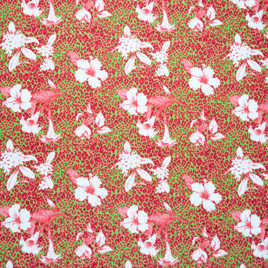 Floral Printed Green & Pink Leopard Silk Satin Charmeuse