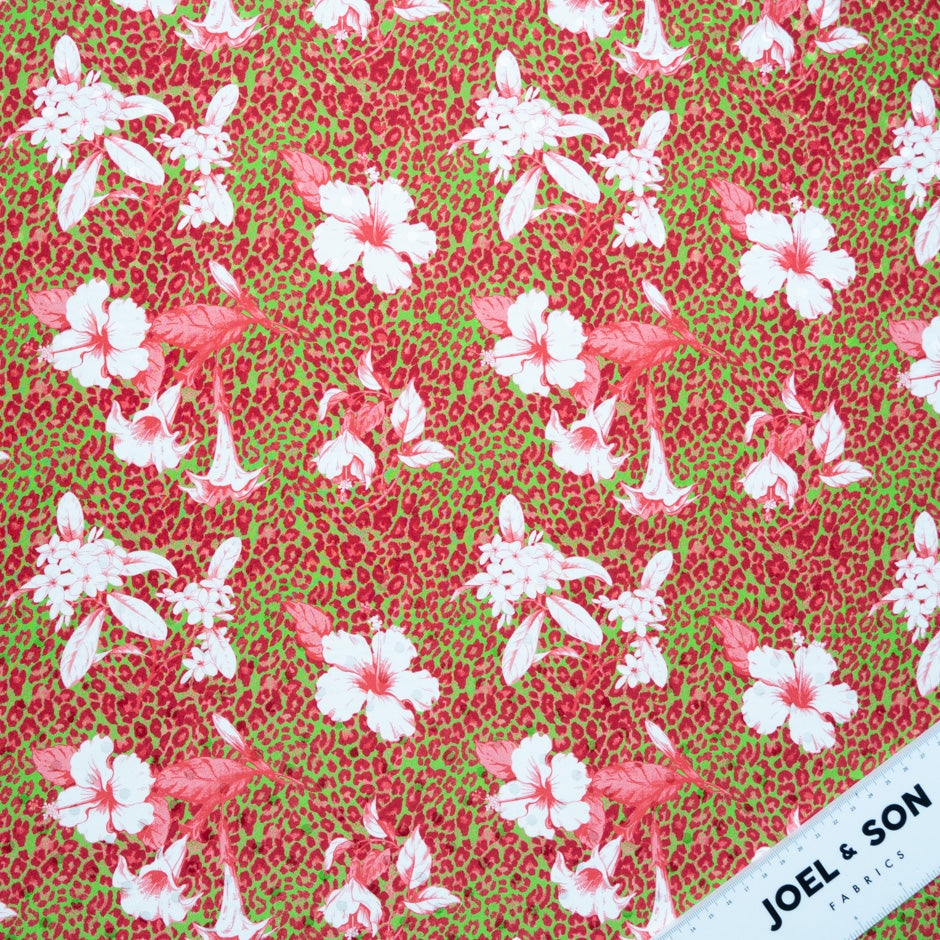 Floral Printed Green & Pink Leopard Silk Satin Charmeuse