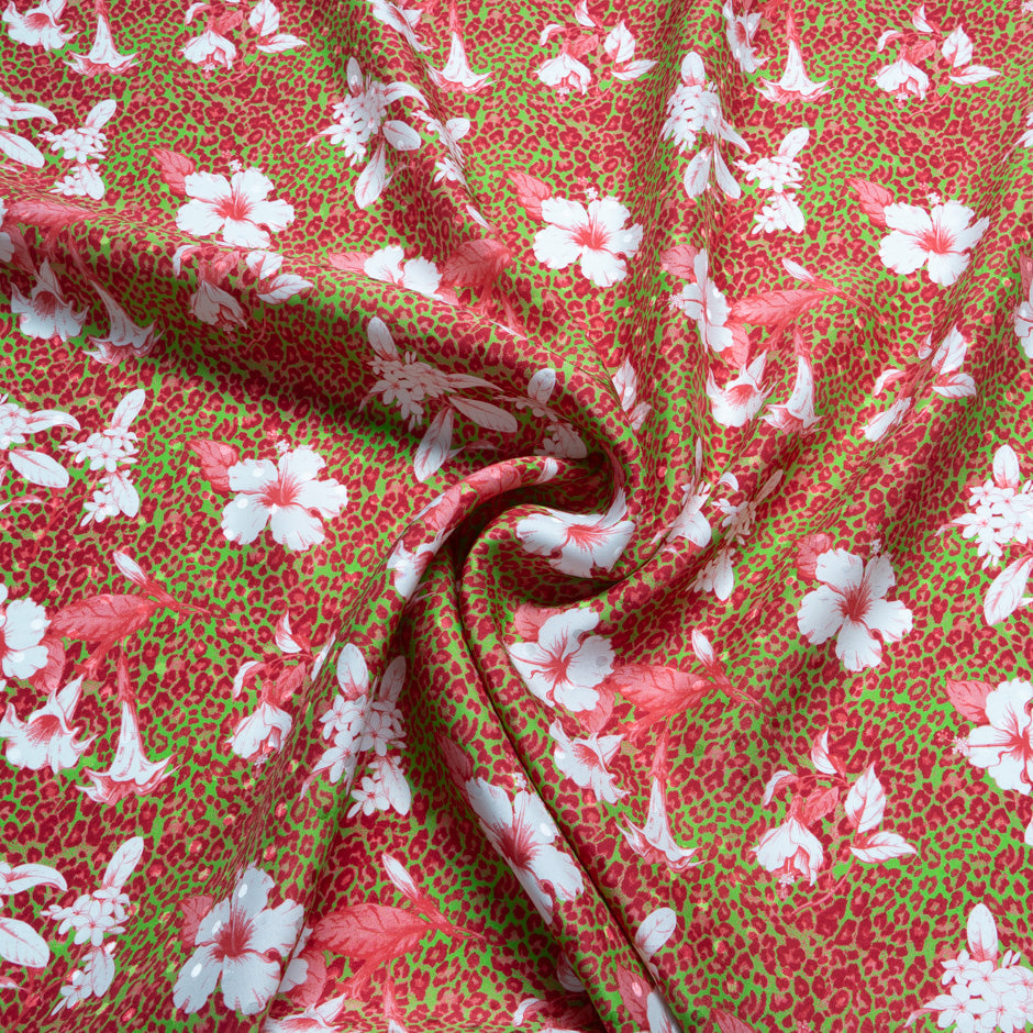 Floral Printed Green & Pink Leopard Silk Satin Charmeuse