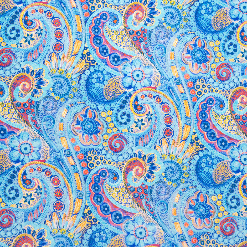 Blue Paisley & Floral Printed Silk Satin Charmeuse